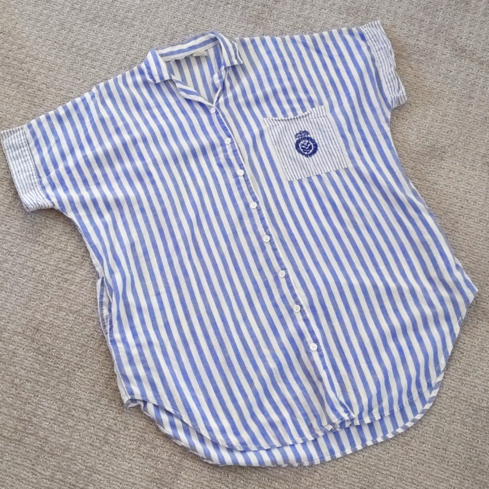 INCREDIBLE Vintage Blue/White Striped Chambeli 100% Cotton Tunic w/Pocke…